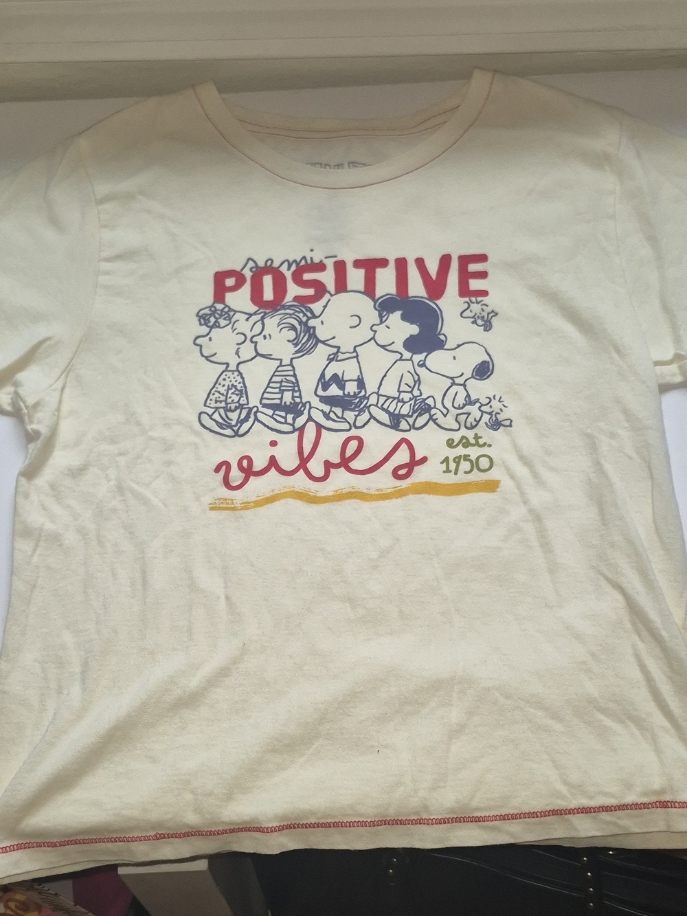 Peanuts Cream 'Positive Vibes' Short Sleeve Tee with Navy & Red Art
